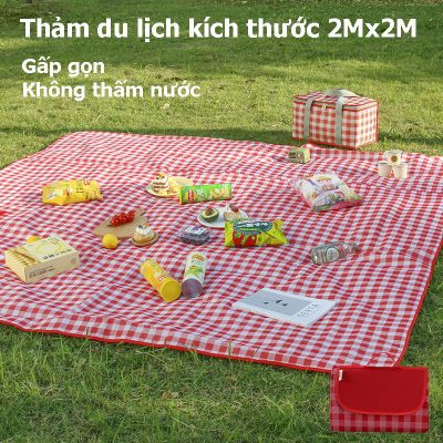 Thảm dã ngoại du lịch đi biển, bạt trải picnic cắm trại đi phượt gấp gọn sọc kẻ caro Kích Thước 2mx2m chất liệu Oxford