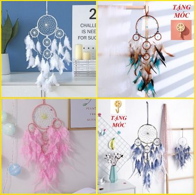 Dreamcatcher Đính Lông Vũ Có Đèn Led Nhiều Màu Kiểu Dáng Thanh Lịch Dùng Trang Trí Tặng Kèm Móc Dán