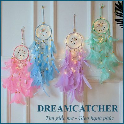 Vòng Dreamcatcher Lông Vũ Có Đèn LED Treo Tường Trang Trí Phòng Ngủ Tặng Kèm Móc Dán Tường